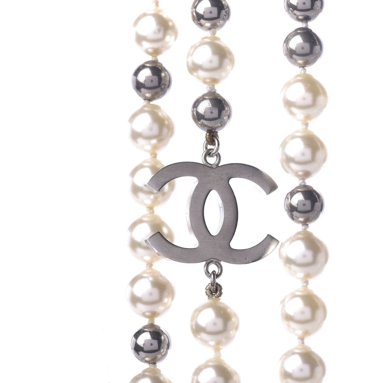 Chanel Pearl CC Long Necklace Silver Pearly White Grey 5 of 8