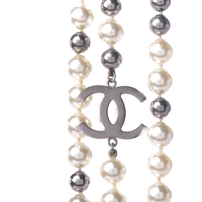 Chanel Pearl CC Long Necklace Silver Pearly White Grey 5 of 8