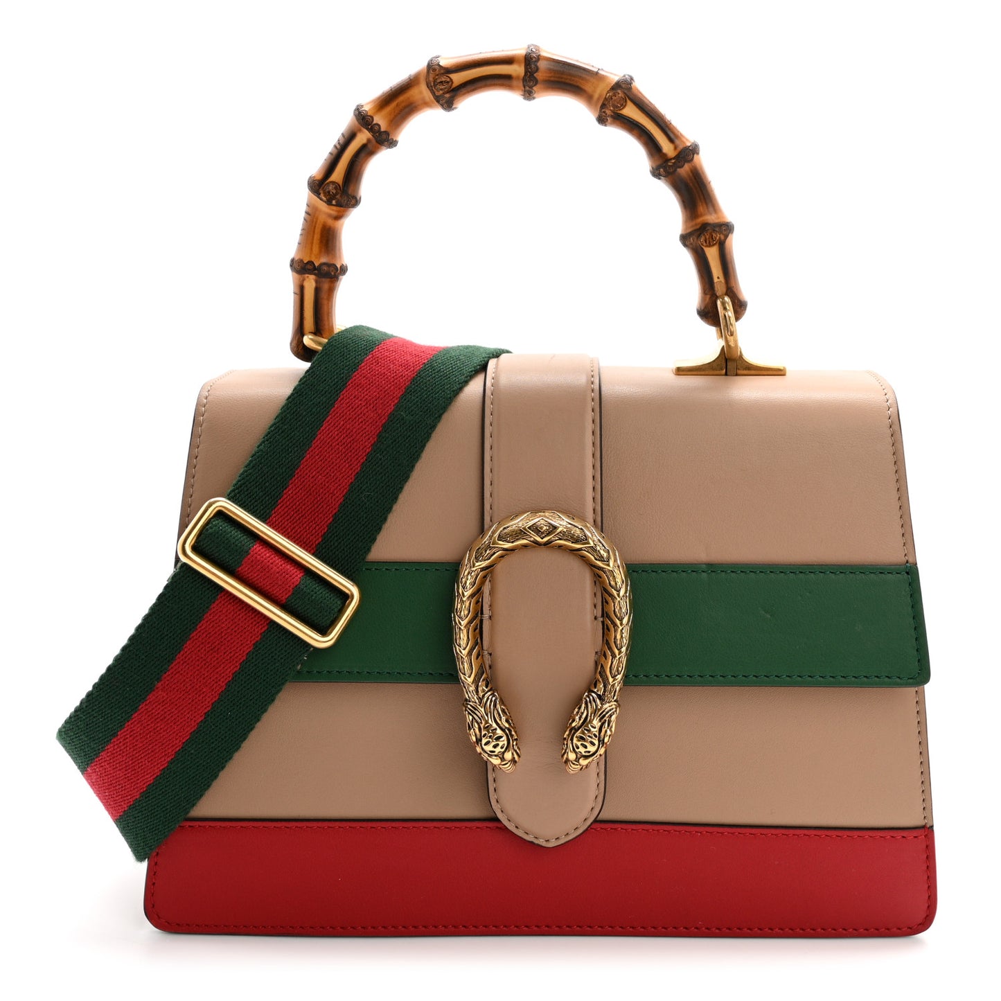 Calfskin Bamboo Web Medium Dionysus Top Handle Bag Camelia Bright Evergreen Hibiscus Red