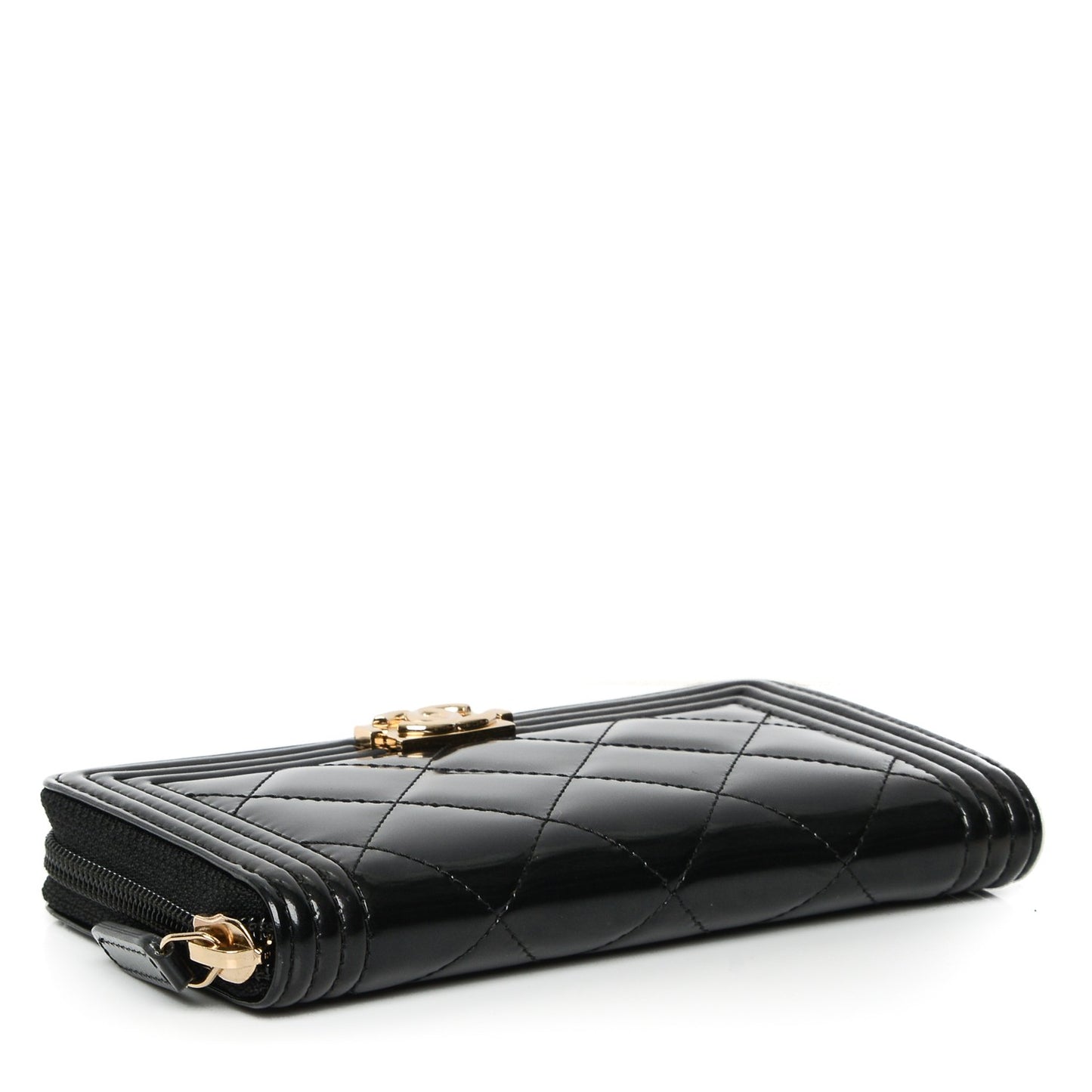 Glazed Calfskin Quilted Small Boy Zip Around Wallet Black