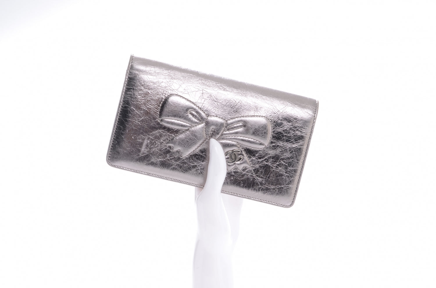 Chanel Leather CC Bow Wallet Metallic Silver 2 of 8
