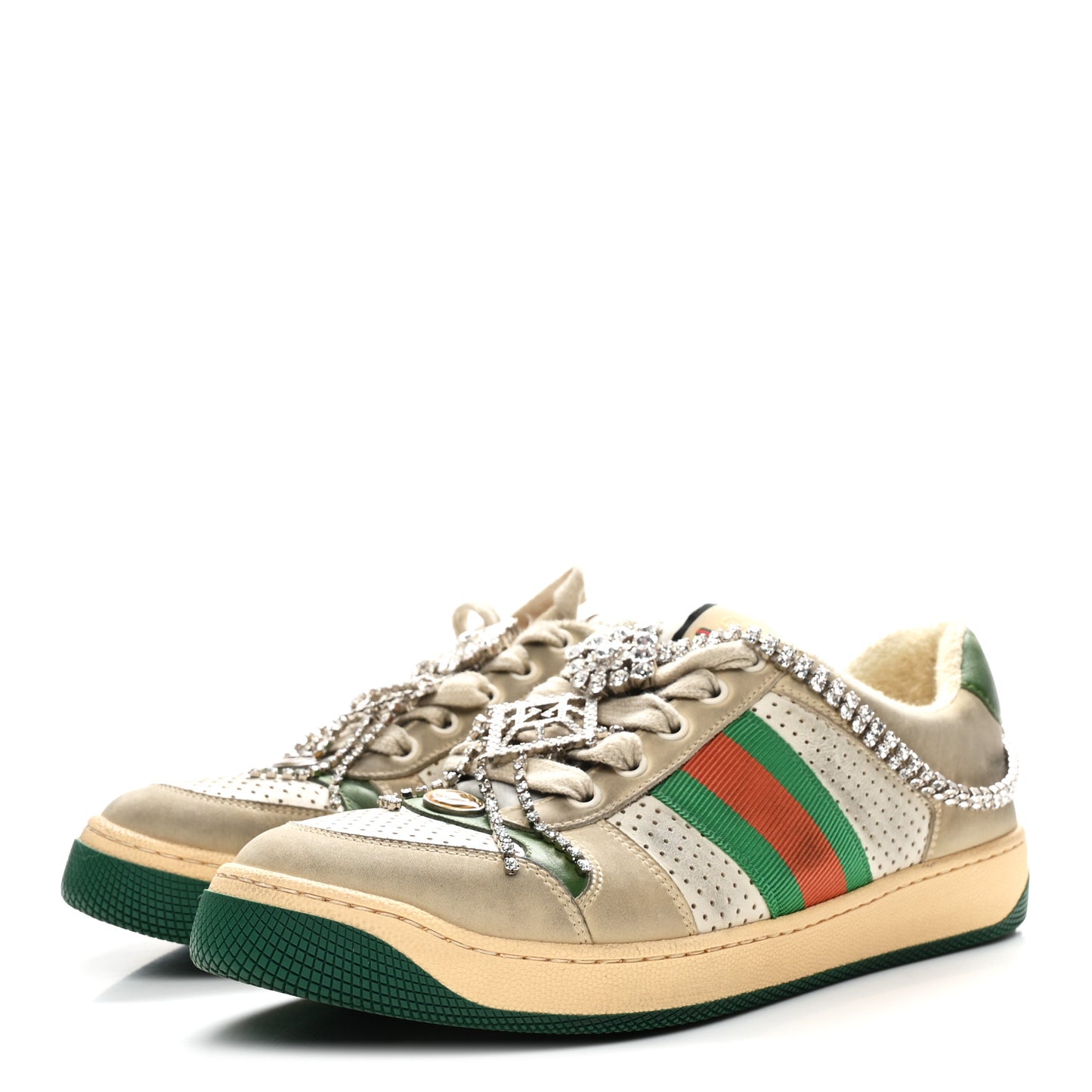 Nubuck Calfskin Web Removable Crystals Womens Screener Sneakers 38 Dusty Milk New Mystic White