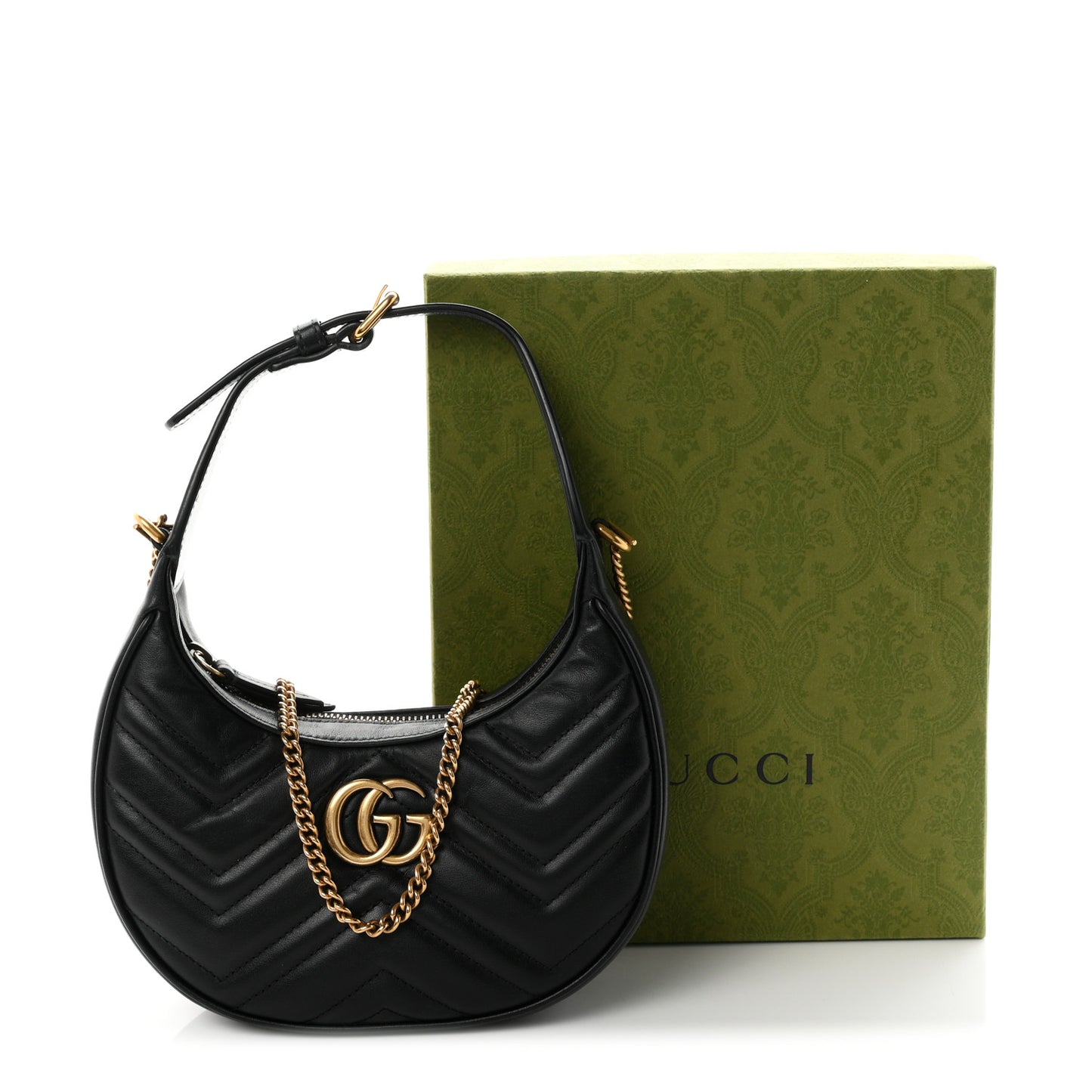 Calfskin Matelasse Chevron Mini GG Marmont Half Moon Hobo Black
