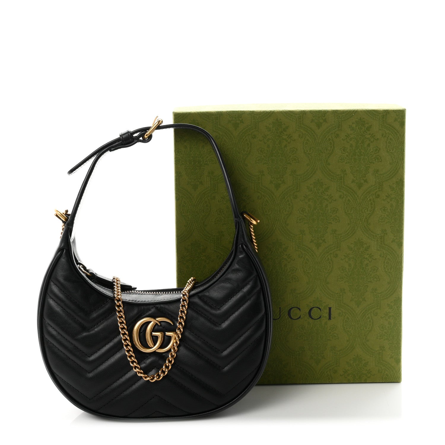 Gucci Calfskin Matelasse Chevron Mini GG Marmont Half Moon Hobo Black 12 of 12