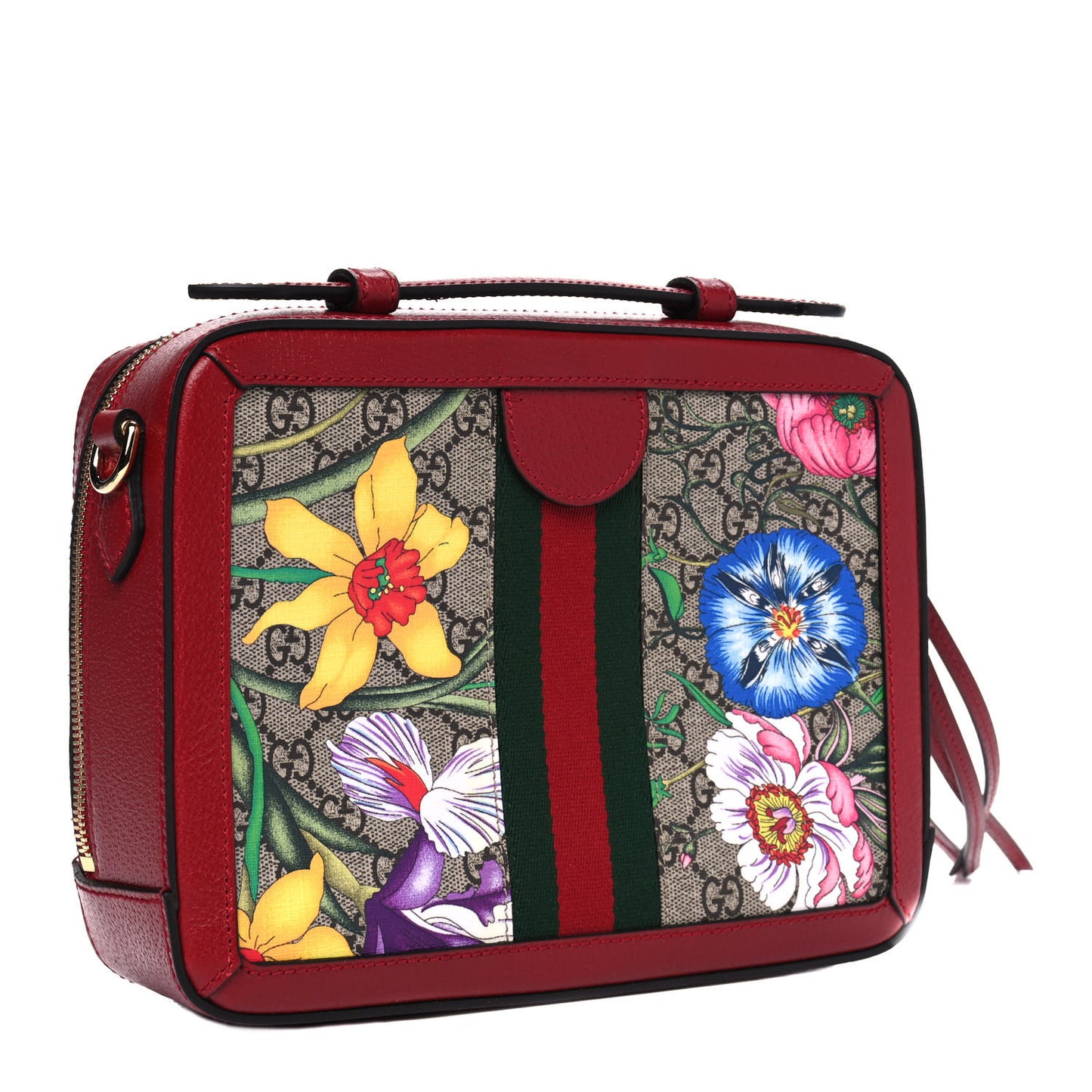 GG Supreme Monogram Flora Web Small Ophidia Top Handle Shoulder Bag Hibiscus Red