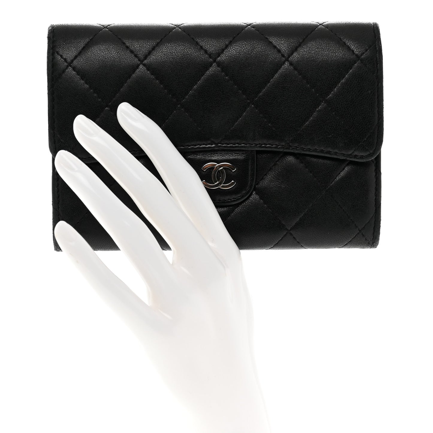 Lambskin Quilted Flap Card Holder Wallet Black