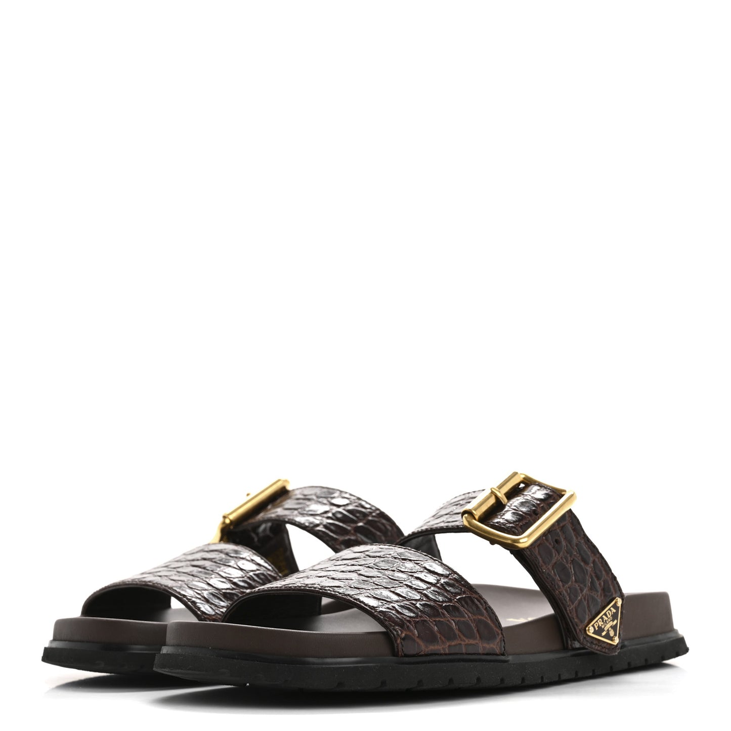 Calfskin Embossed Crocodile Buckle Slide Sandals 36 Cacao