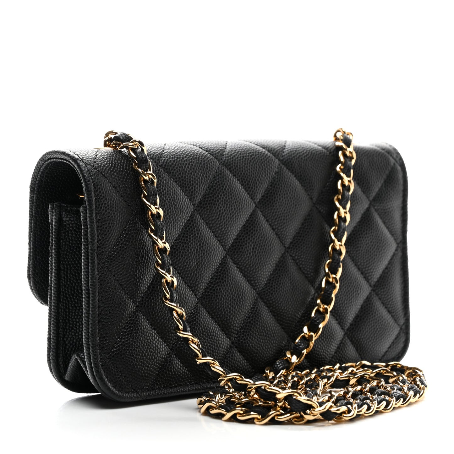 Caviar Quilted Enamel Coco Casino Flap Phone Holder With Chain Black