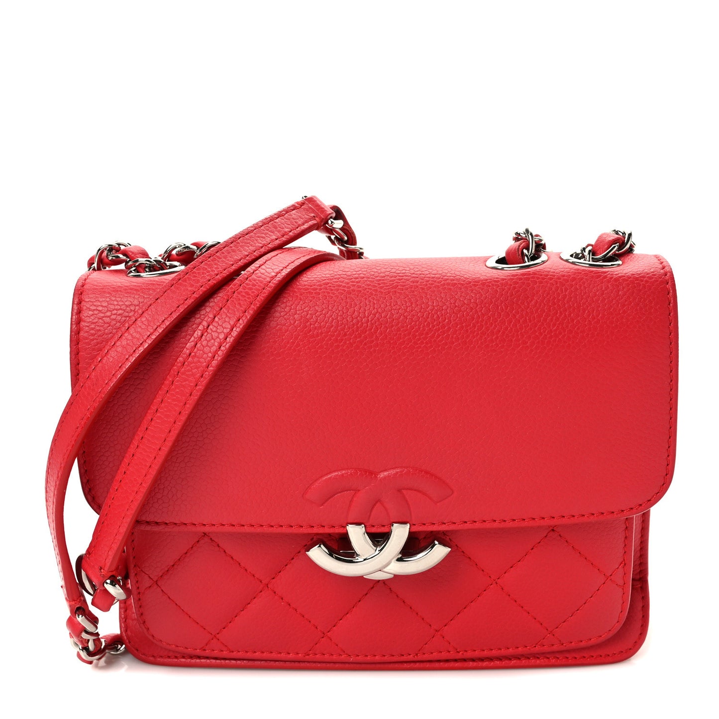 Grained Calfskin Quilted Small CC Box Flap Red