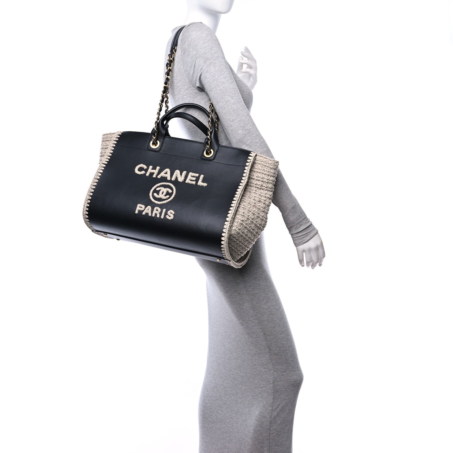Chanel Calfskin Knit Medium Deauville Tote Black Grey 3 of 10