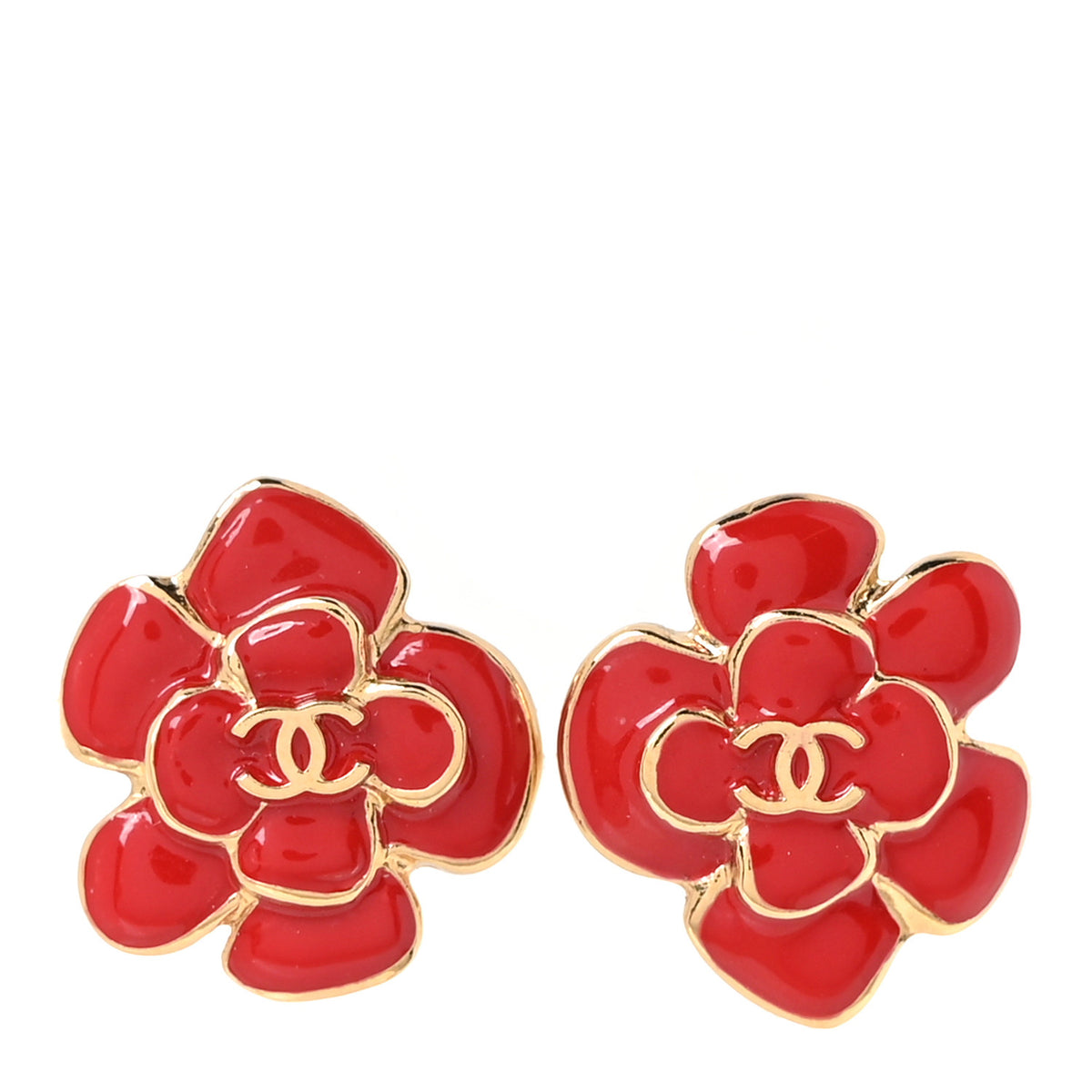 Metal Resin CC Camellia Stud Earrings Gold Red