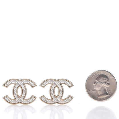 Chanel Metal Quilted CC Earrings Gold White 2 of 5