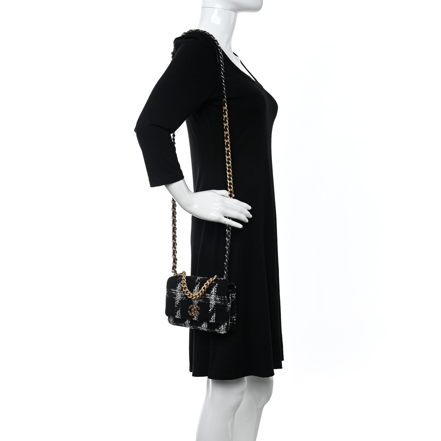 Chanel Tweed Quilted Chanel 19 Wallet On Chain WOC Black White 2 of 12