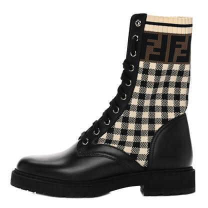 Fendi Vitello Stretch Fabric FF Vichy Rockoko Biker Boots 36 Black Crema Tobacco 1 of 7