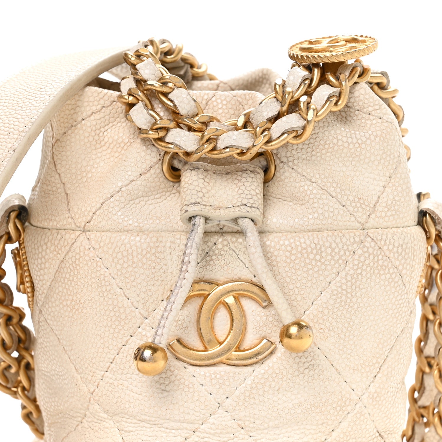 Chanel Caviar Quilted Twist Your Buttons Mini Bucket Bag White 8 of 10