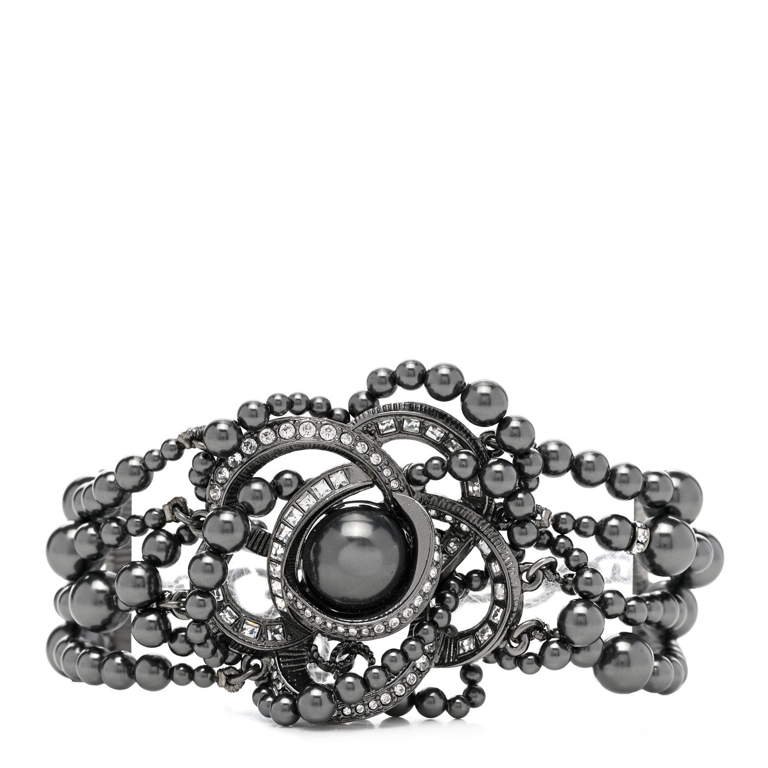 Chanel Ruthenium Crystal Bead Camellia Bracelet Pearly Grey 1 of 5