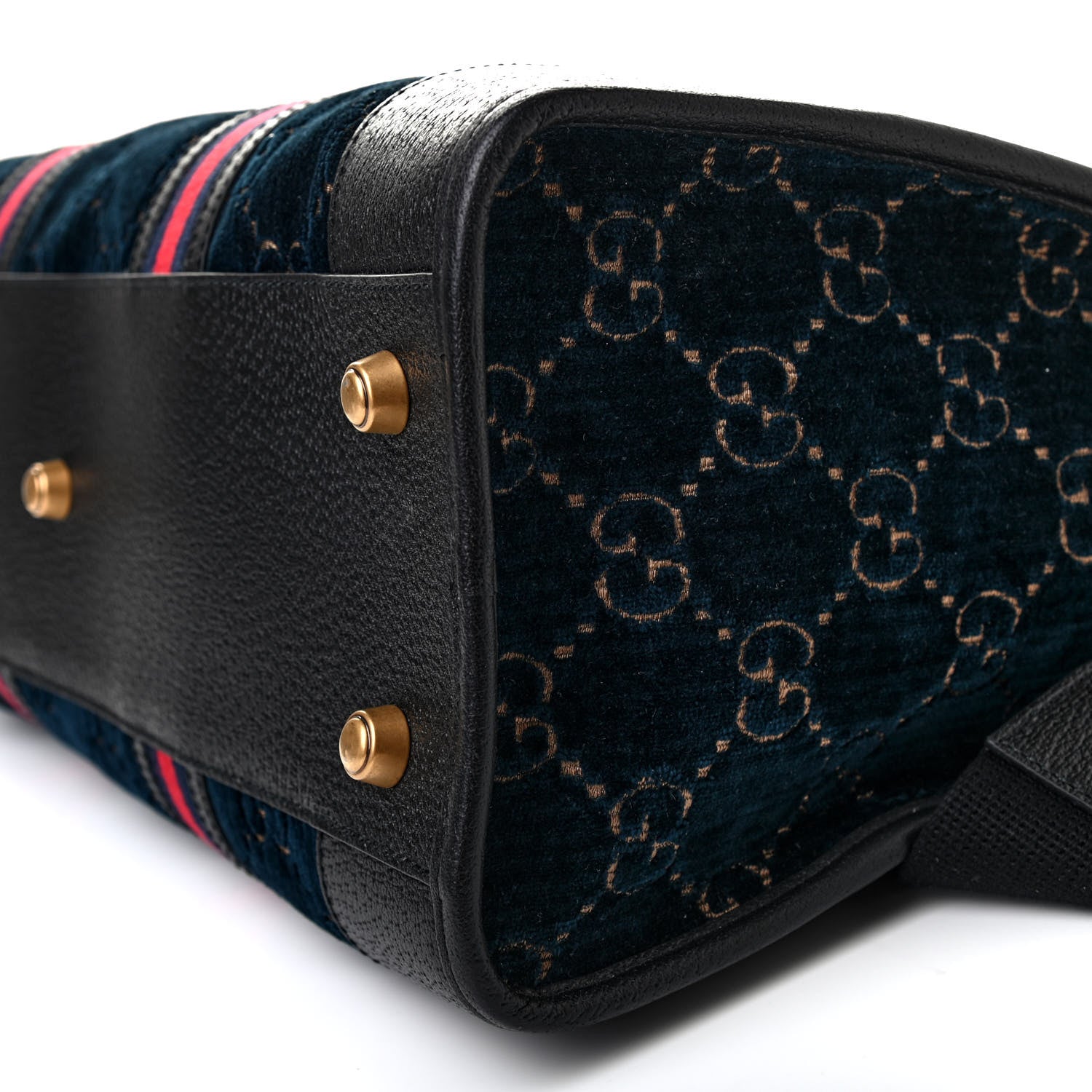 Gucci Velvet GG Monogram Textured Calfskin Web Medium Duffle Bag Blue Beige Black 9 of 9