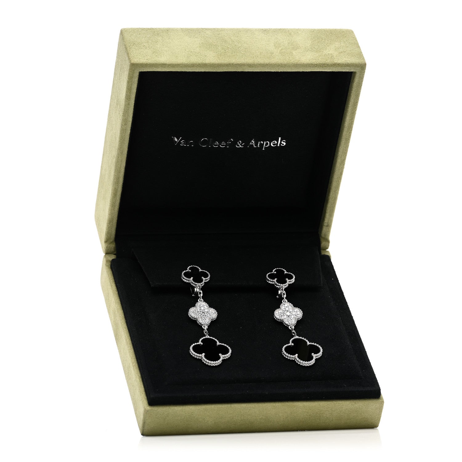 Van Cleef & Arpels 18K White Gold Diamond Black Onyx Magic Alhambra 3 Motifs Earrings 5 of 5