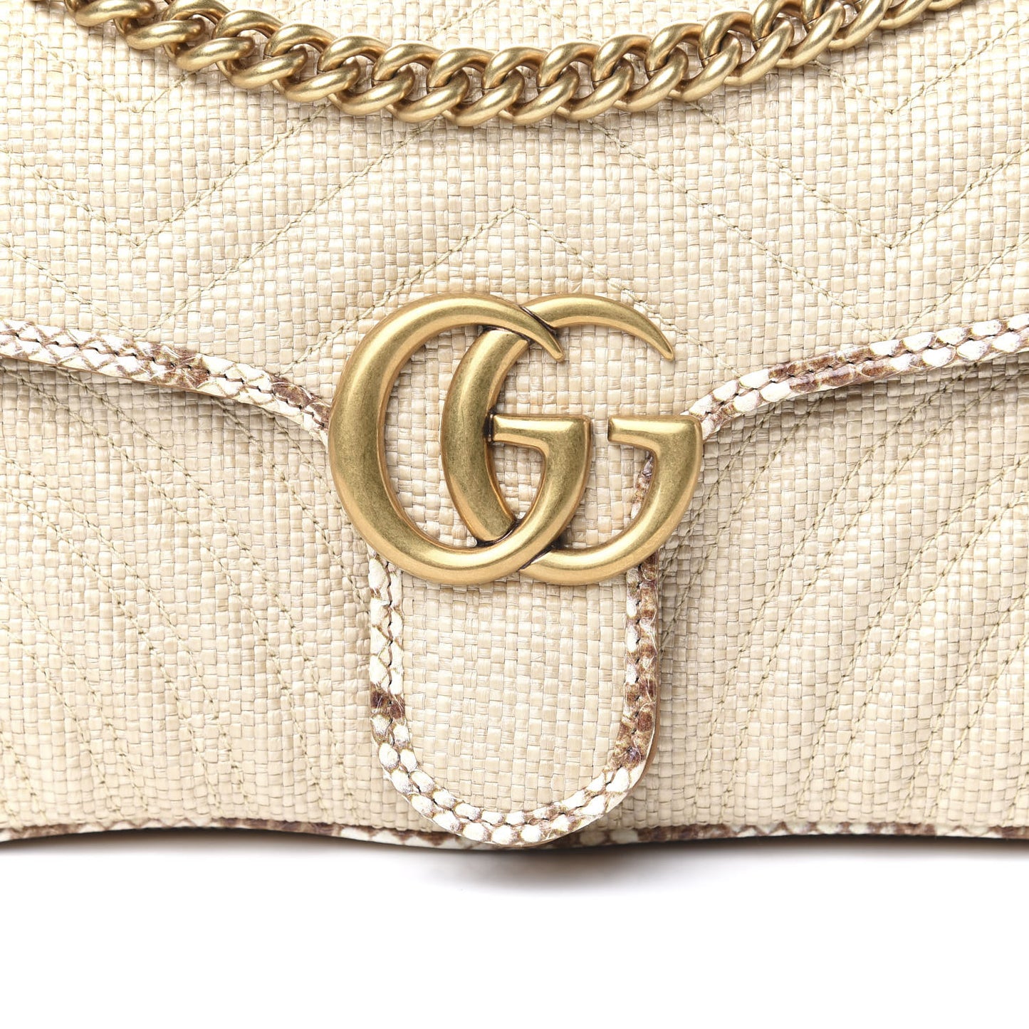 Raffia Elaphe Matelasse Small GG Marmont Shoulder Bag Natural Cream Brown
