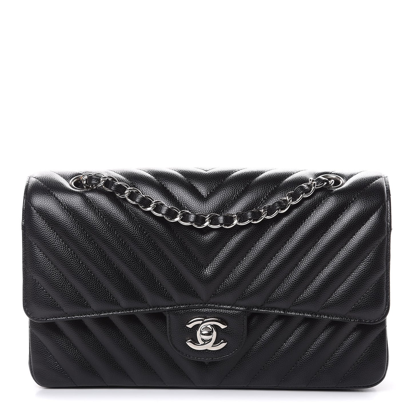 Caviar Chevron Quilted Medium Double Flap Black