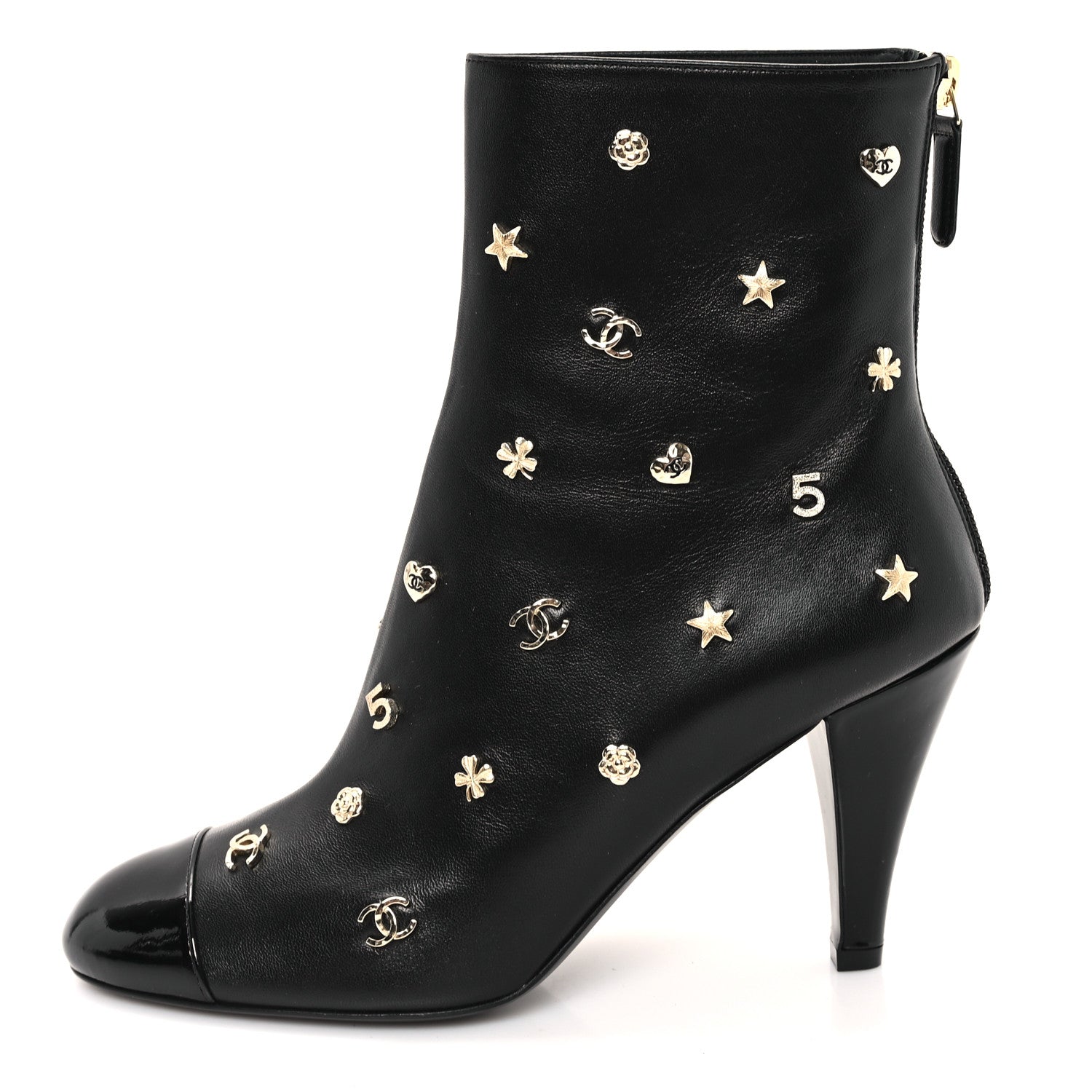 Chanel Lambskin Patent Cap Toe Charms Ankle Booties 38 Black 1 of 9