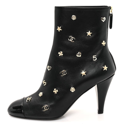Chanel Lambskin Patent Cap Toe Charms Ankle Booties 38 Black 1 of 9