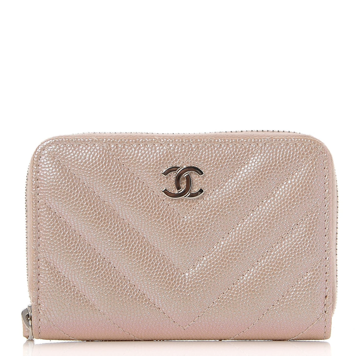 Metallic Caviar Chevron Quilted Zip Around Coin Purse Light Gold