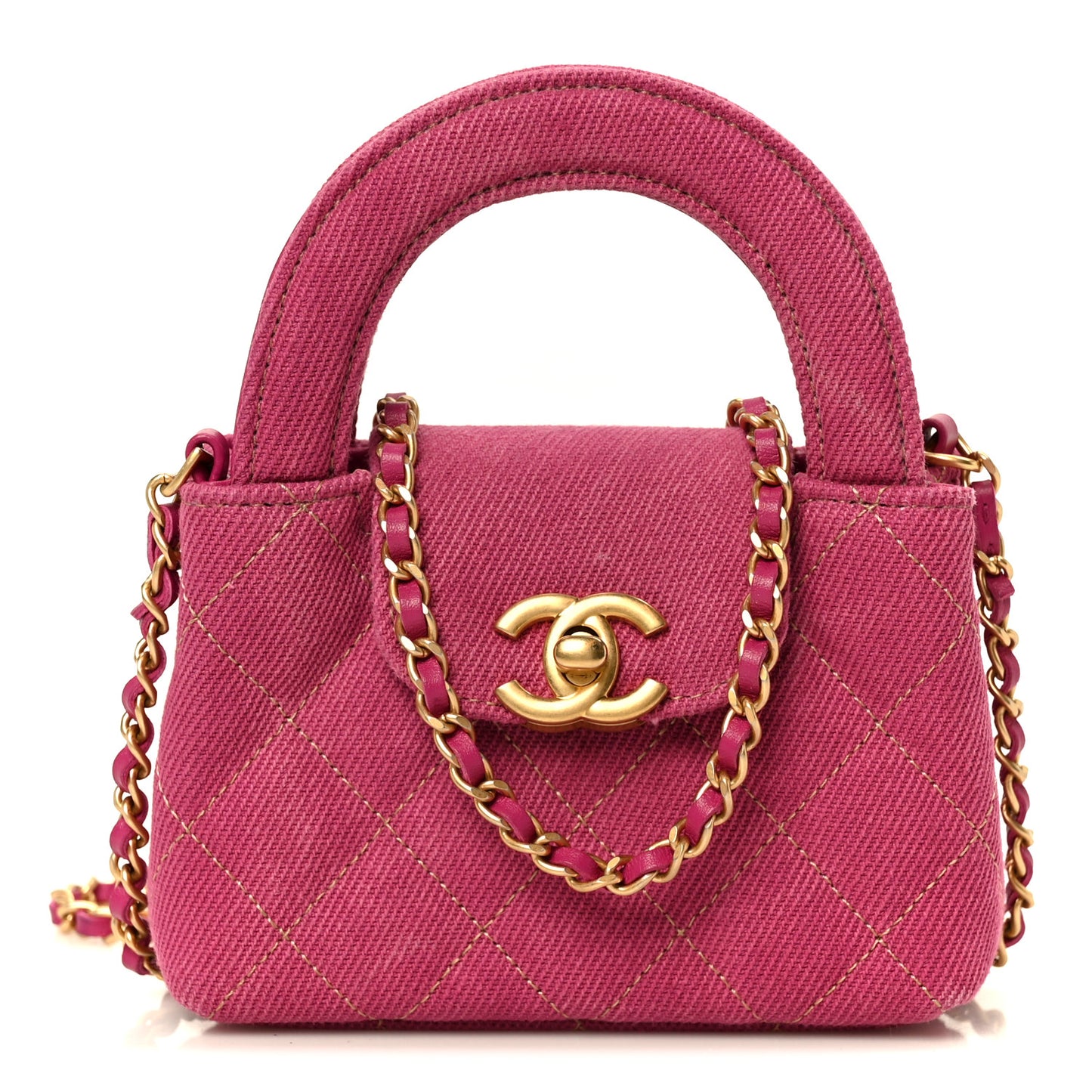 Denim Quilted Mini Nano Kelly Shopper Fuchsia