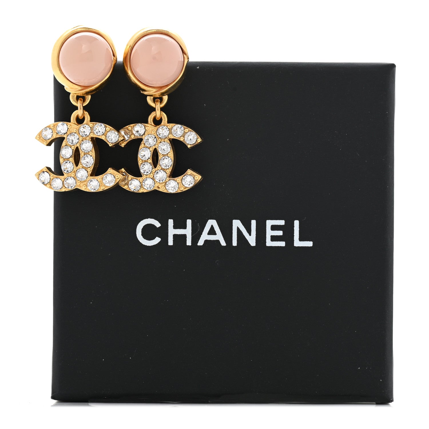 Chanel Crystal Pearl CC Drop Earrings Pink Gold 5 of 5