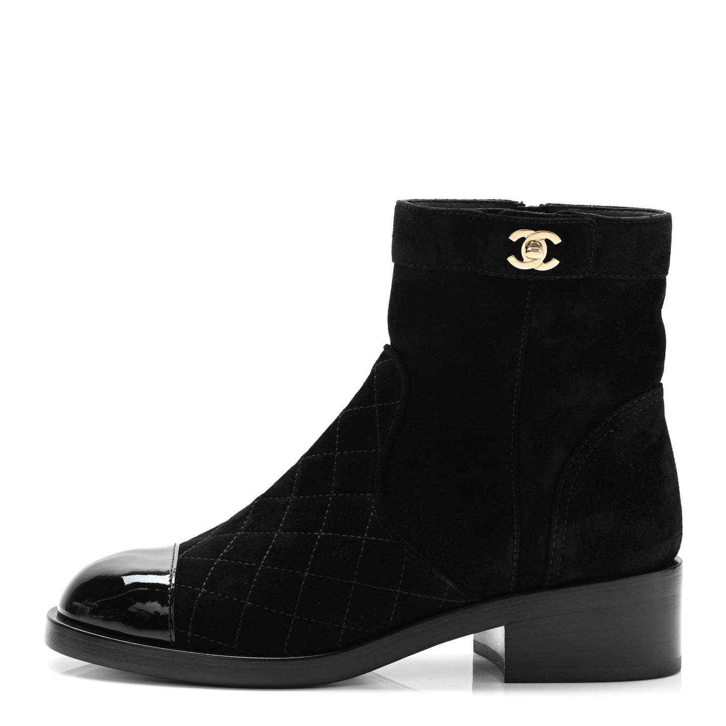 Suede Patent Calfskin Quilted Cap Toe Short Boots 37 Black