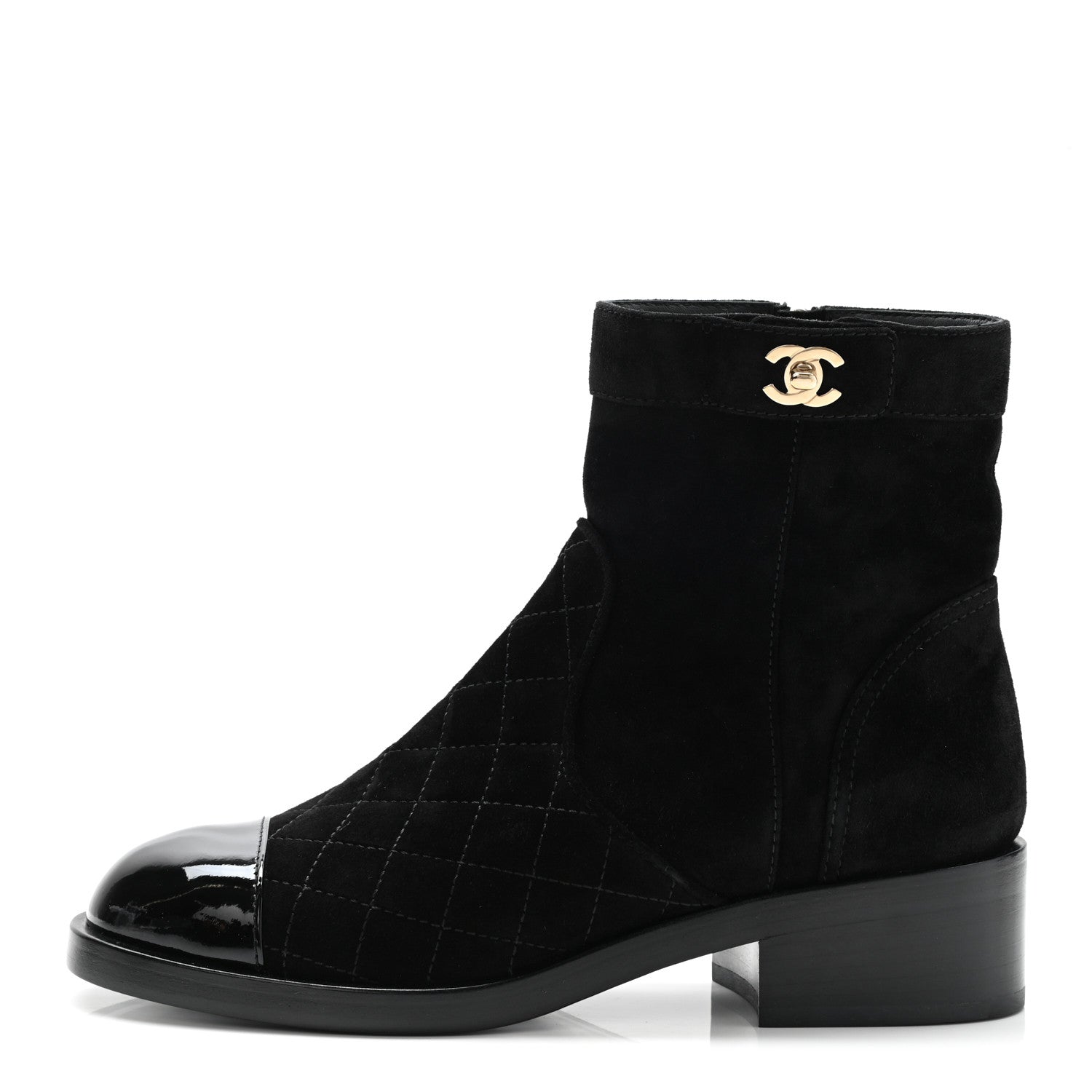 Chanel Suede Patent Calfskin Quilted Cap Toe Short Boots 37 Black 1 of 8