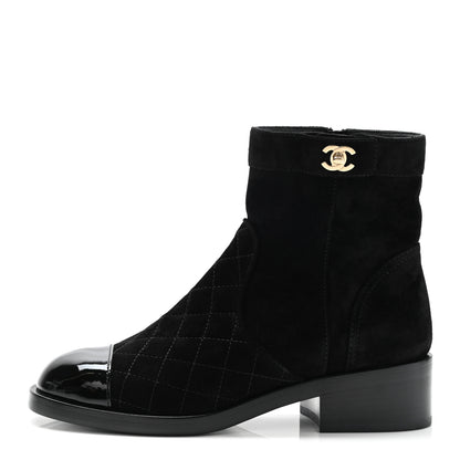 Chanel Suede Patent Calfskin Quilted Cap Toe Short Boots 37 Black 1 of 8