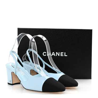 Chanel Lambskin Grosgrain Cap Toe CC Slingback Pumps 38 Light Blue Black 10 of 10