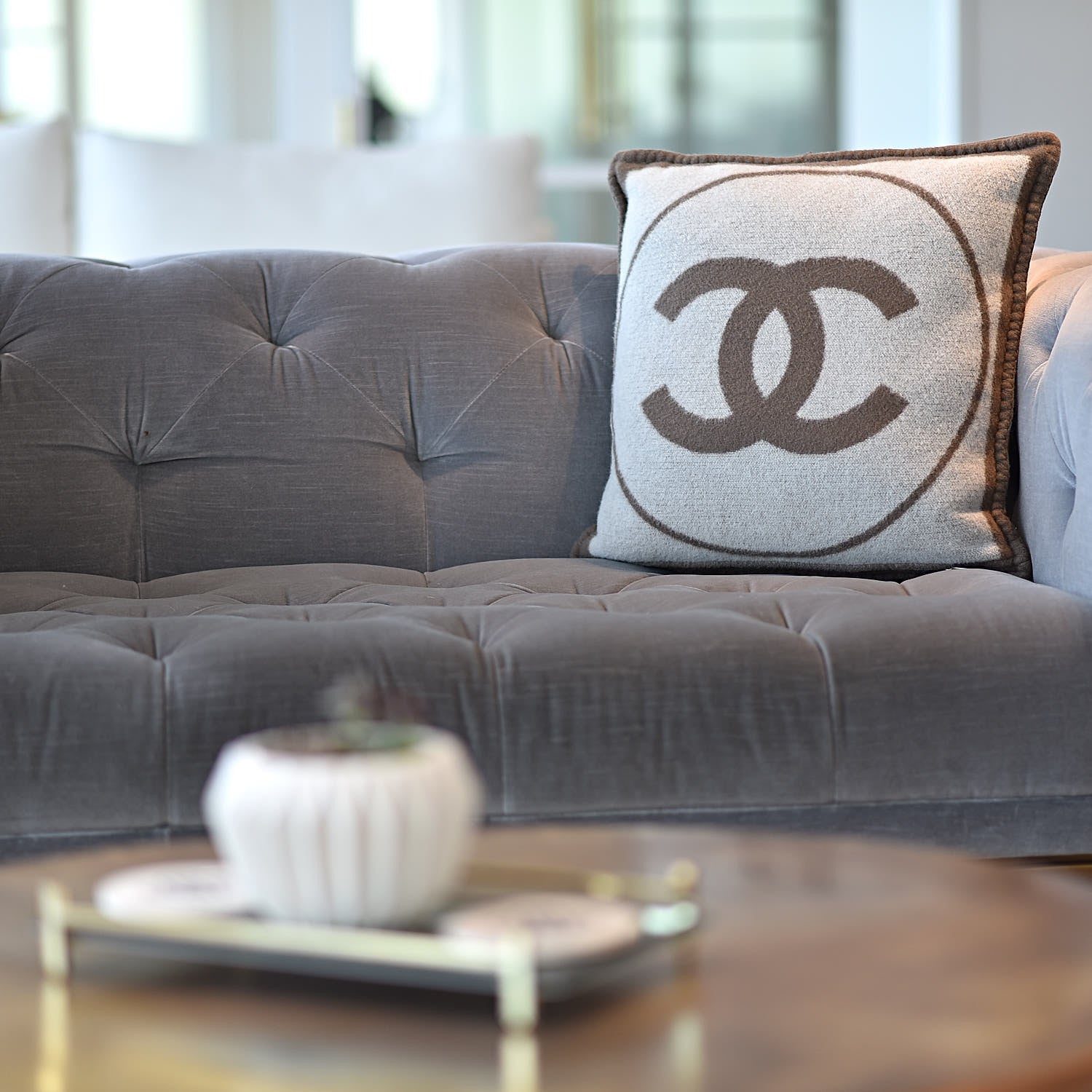 Chanel Merino Wool Cashmere CC Pillow Dark Beige Light Beige 3 of 9