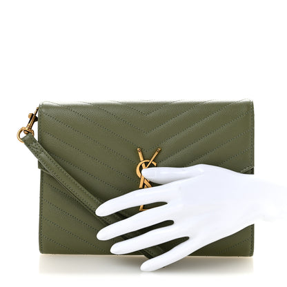 Saint Laurent Grain De Poudre Matelasse Chevron Monogram Envelope Clutch Light Sage 2 of 8