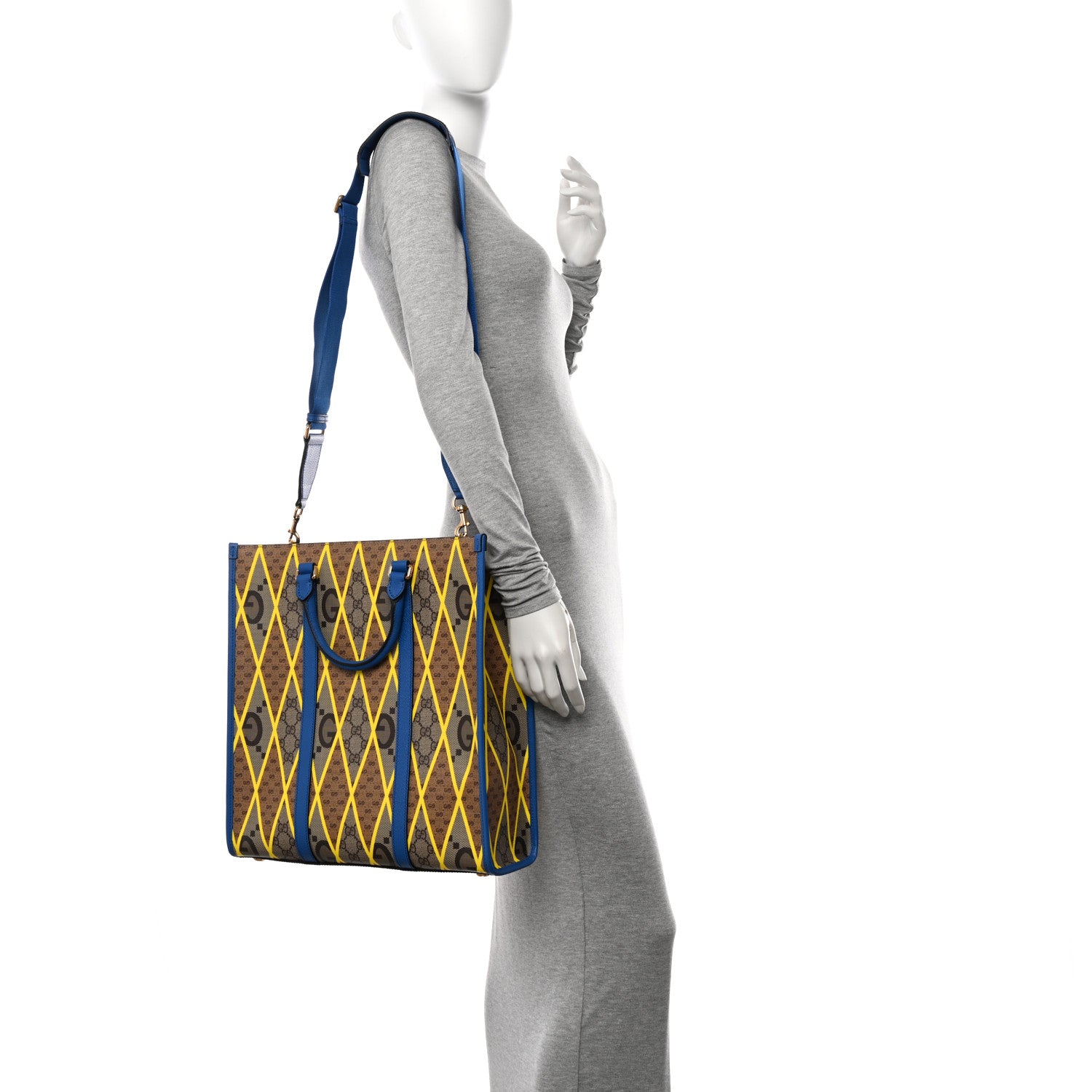 Gucci GG Supreme Monogram Mix Textured Dollar Calfskin Rhombus Inlay Large Tote Bag Beige Ebony Harvest Joy Blue 2 of 10