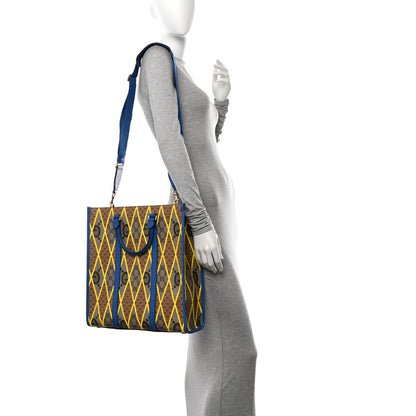 Gucci GG Supreme Monogram Mix Textured Dollar Calfskin Rhombus Inlay Large Tote Bag Beige Ebony Harvest Joy Blue 2 of 10