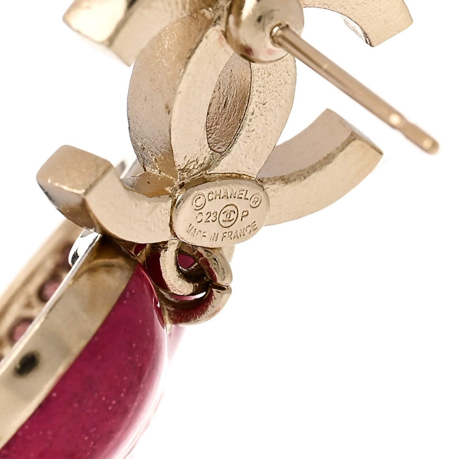 Chanel Crystal CC Resin Heart Drop Earrings Pink Gold 5 of 5