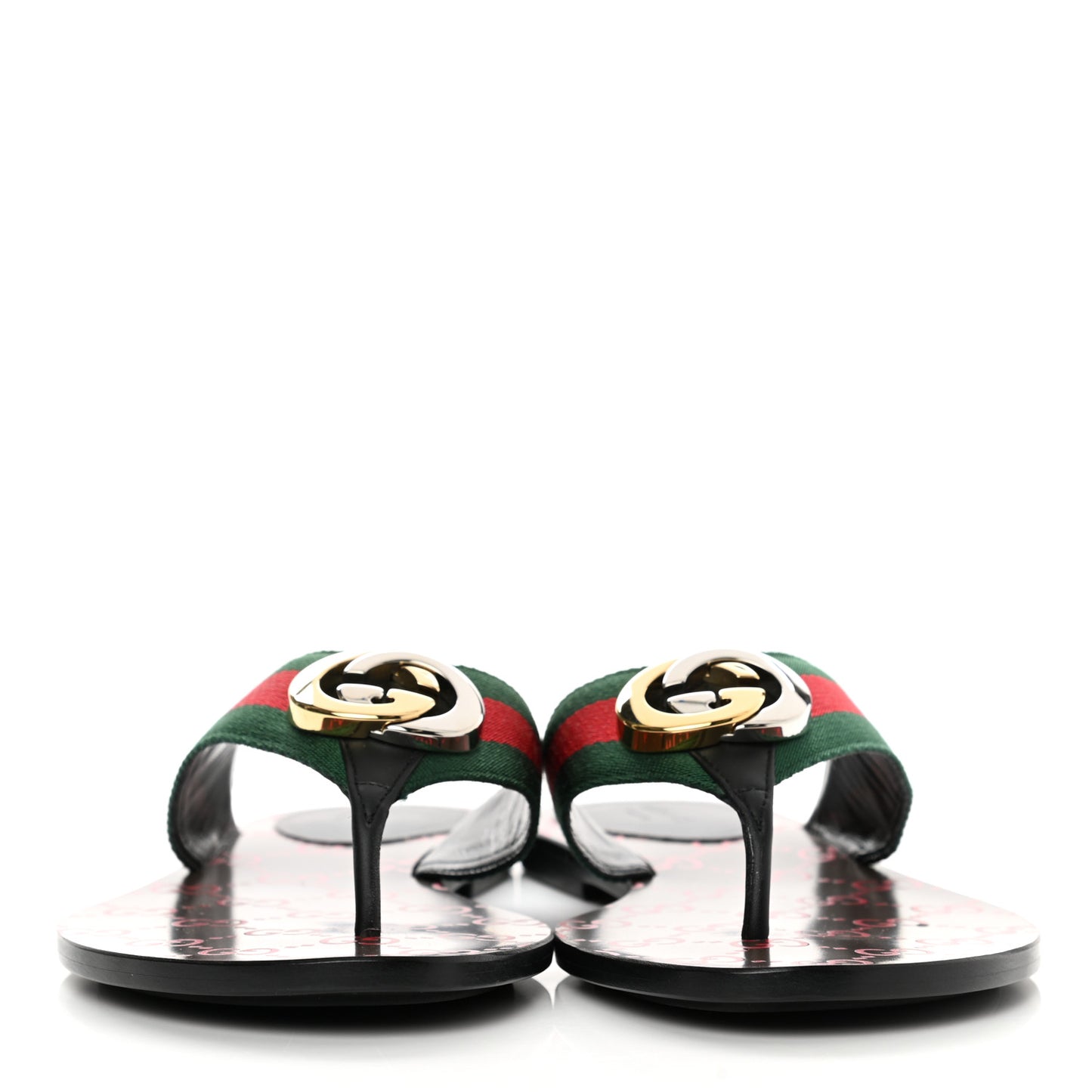 Nylon Calfskin Web GG Monogram Womens Thong Sandals 39.5 Green Red Cocoa