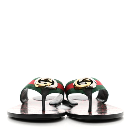 Gucci Nylon Calfskin Web GG Monogram Womens Thong Sandals 39.5 Green Red Cocoa 2 of 8