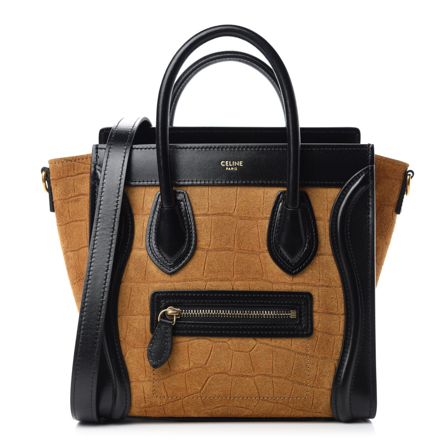 Crocodile Embossed Nubuck Smooth Calfskin Bi-Color Nano Luggage Havana Black