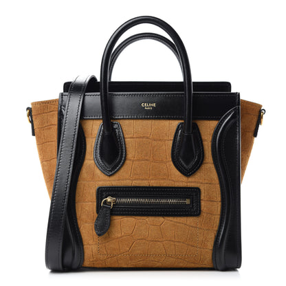 Celine Crocodile Embossed Nubuck Smooth Calfskin Bi-Color Nano Luggage Havana Black 1 of 10
