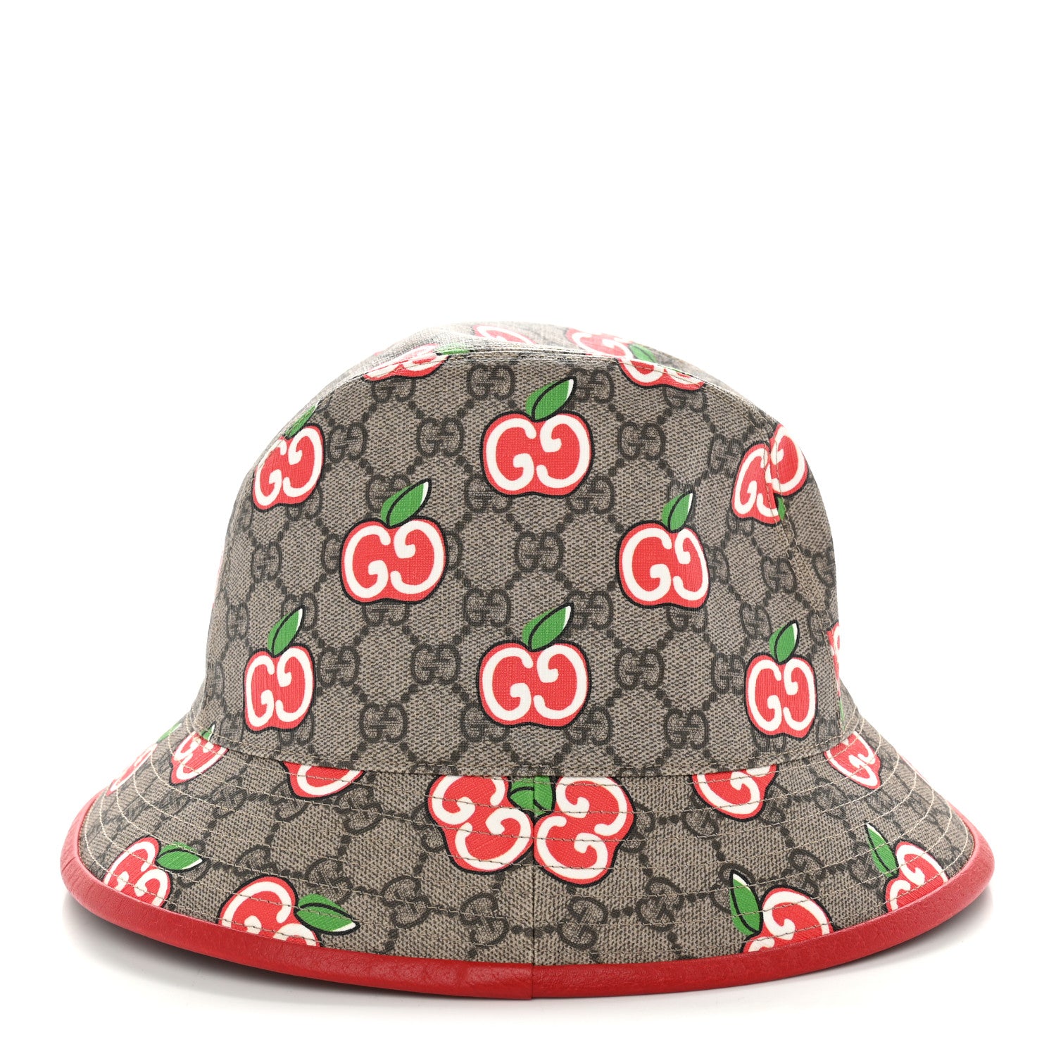 Gucci GG Supreme Monogram Apple Textured Dollar Calfskin Retro Interlocking G Fedora Pomme Bucket Hat L Beige Ebony Red 4 of 8