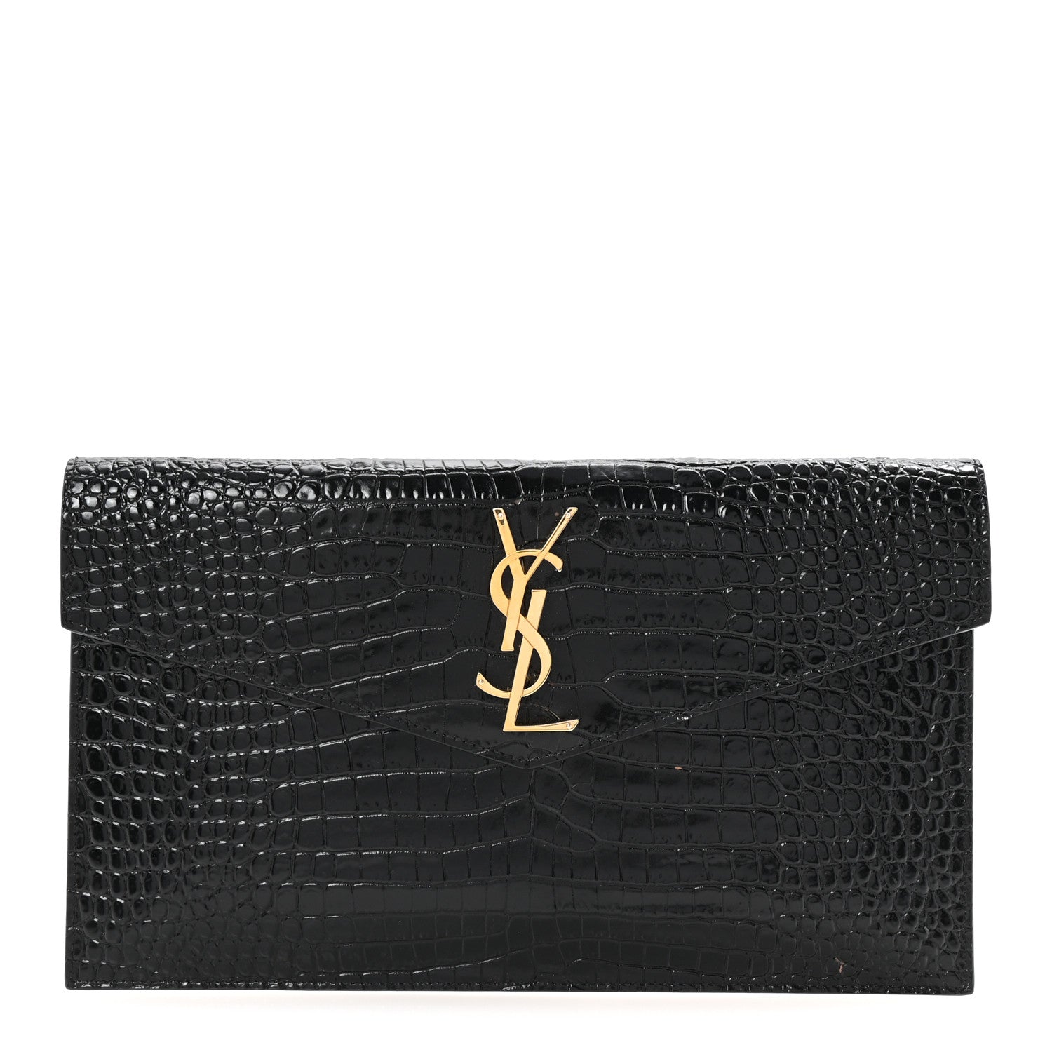 Saint Laurent Calfskin Crocodile Embossed Uptown Monogram Pouch Black 1 of 7