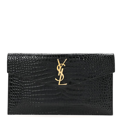 Saint Laurent Calfskin Crocodile Embossed Uptown Monogram Pouch Black 1 of 7