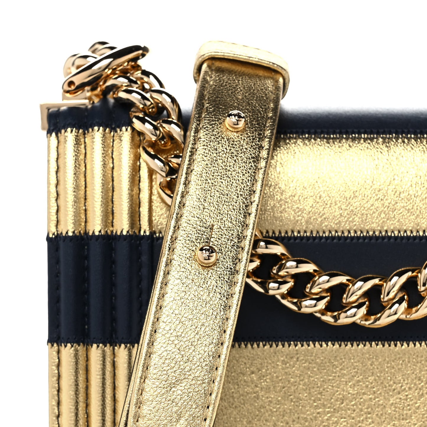 Metallic Lambskin Striped North South Boy Flap Navy Gold