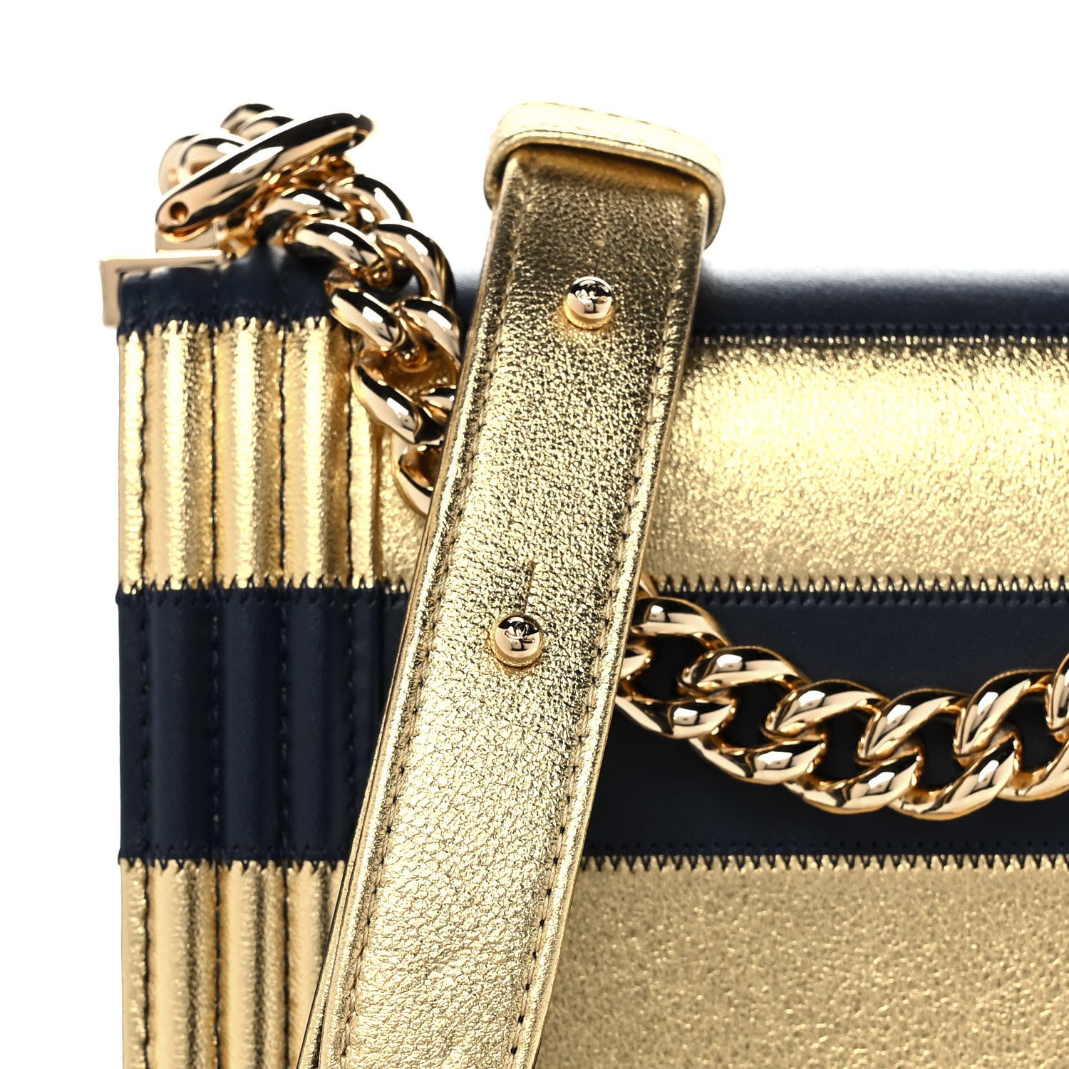Chanel Metallic Lambskin Striped North South Boy Flap Navy Gold 7 of 11