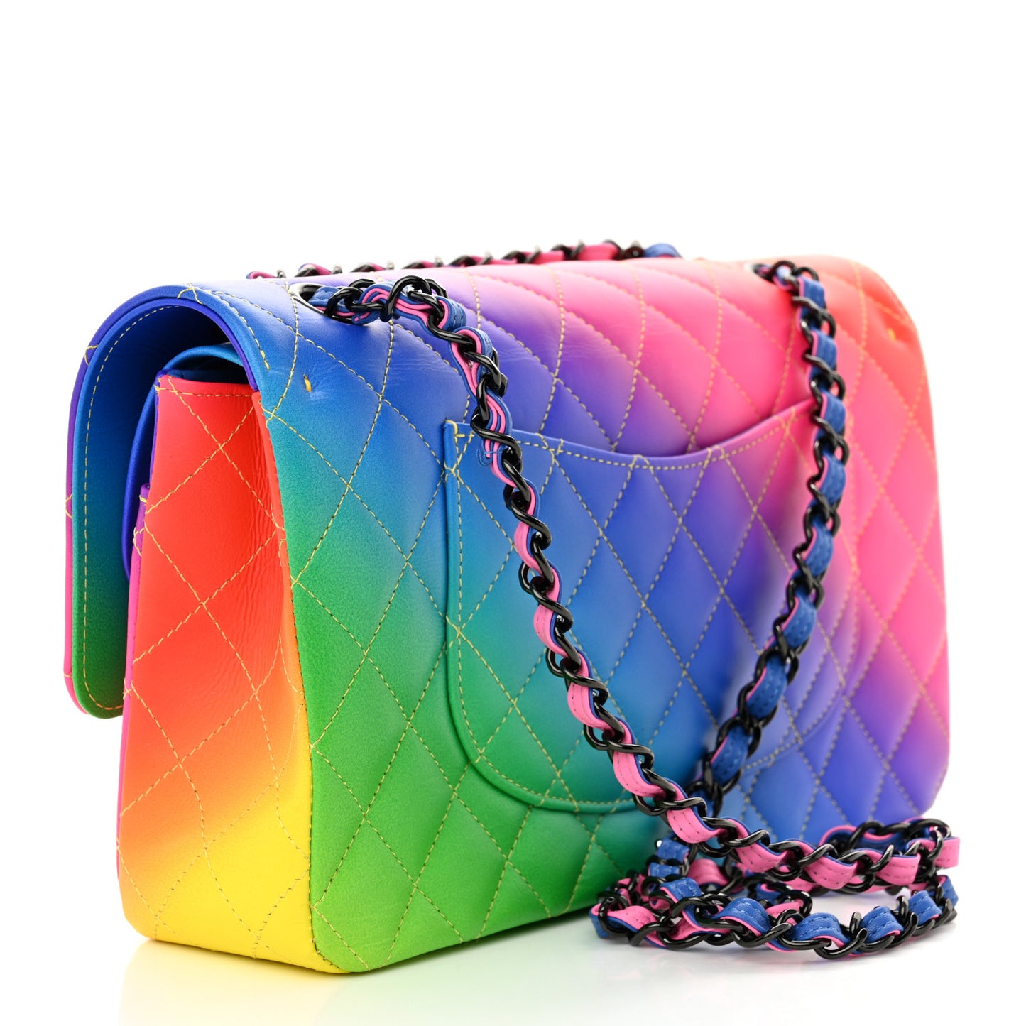 Calfskin Quilted Medium Rainbow Double Flap Multicolor