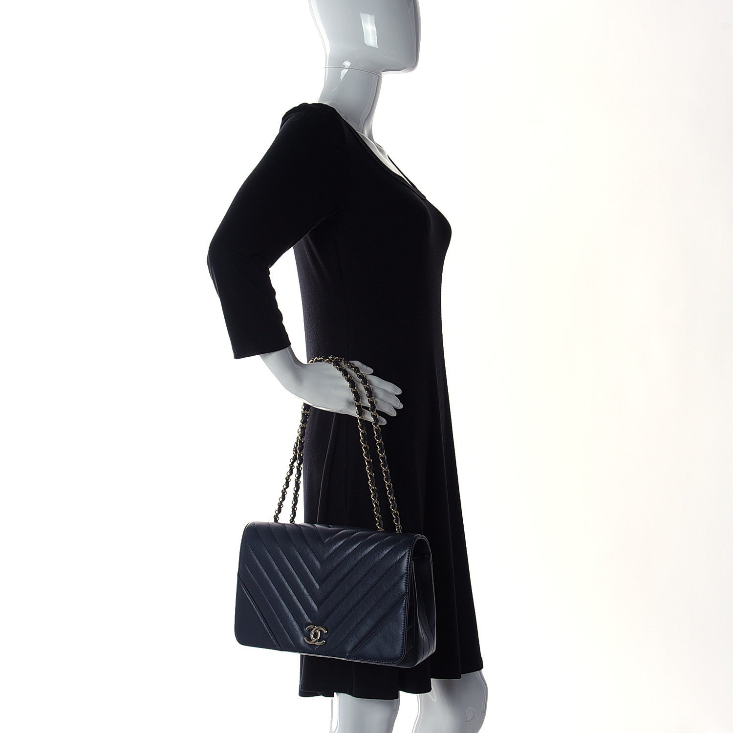Chanel Calfskin Chevron Quilted Medium Statement Flap Navy Blue 3 of 22