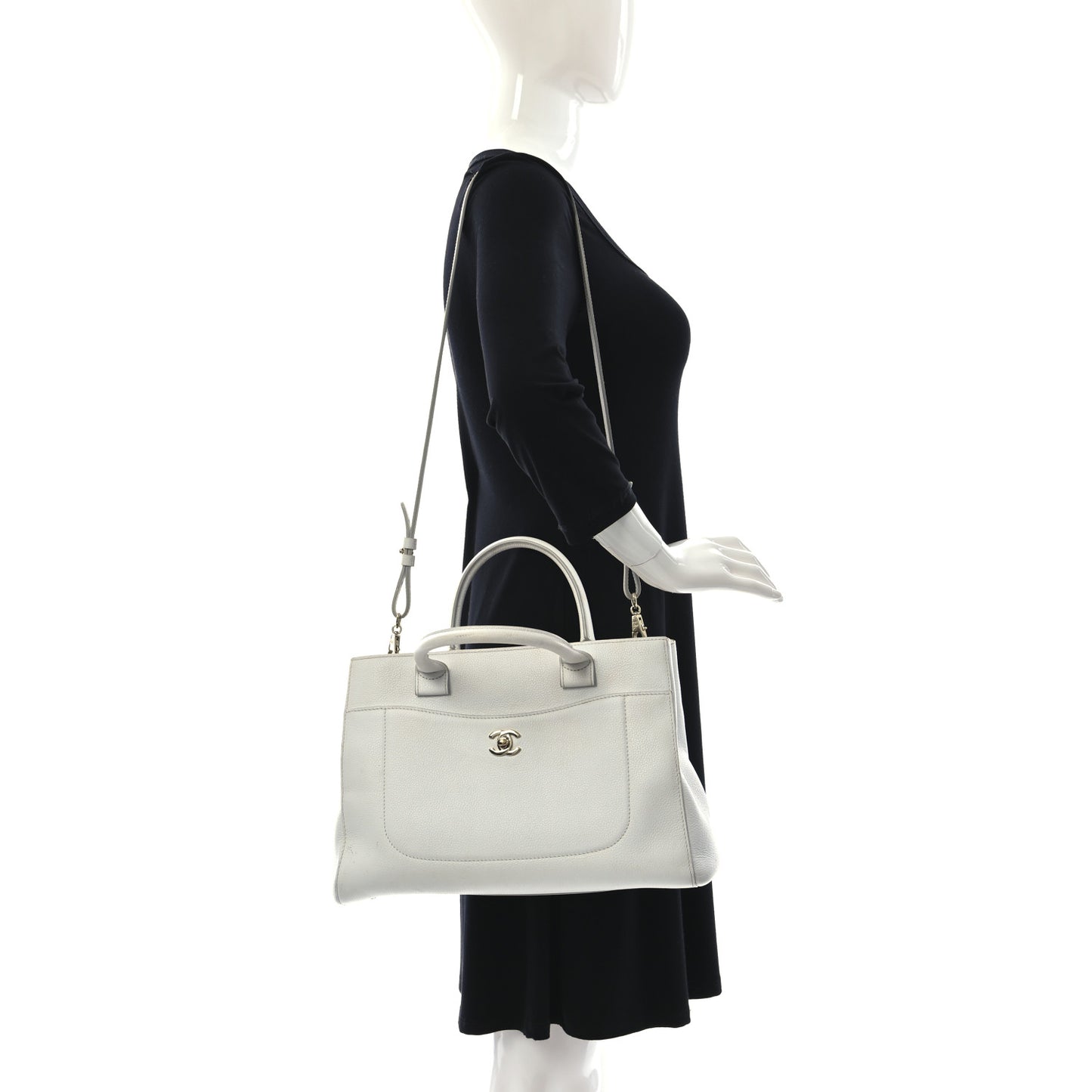 Grained Calfskin Small Neo Executive Shopper Tote White